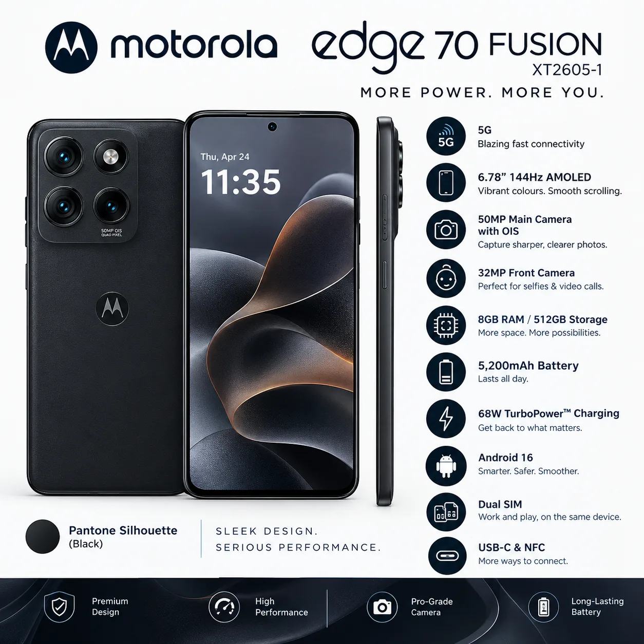Motorola Moto Edge 70 Fusion 5G 8/512gb XT2605-1 Black - Brand New